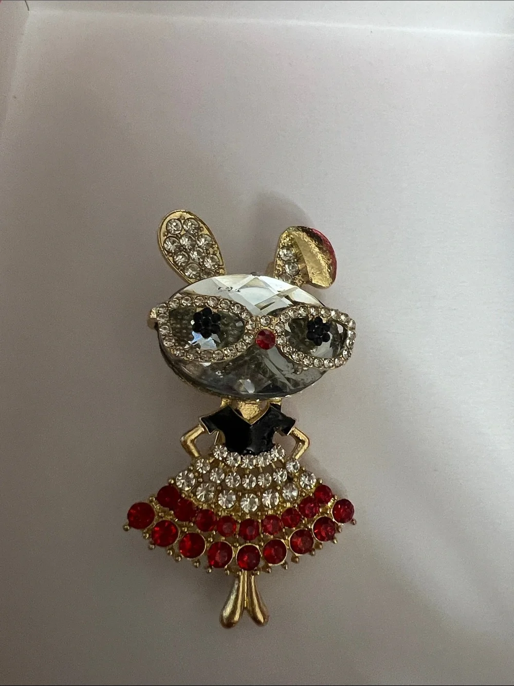 Source Unknown Crystal Bunny Brooch with Red and Gold Accents